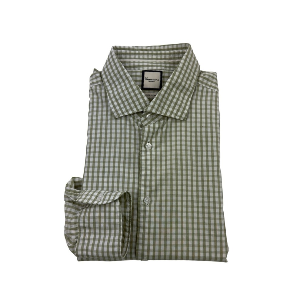 Camicissima‎ Trendy Green White Gingham Cotton Spread Collar Shirt Men's 42/16.5